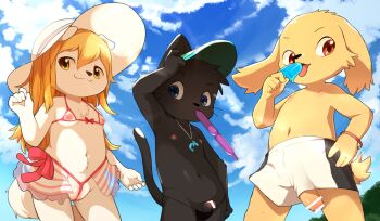 1girl 2boys :3 animal_ears bar_censor bikini black_male_swimwear blonde_hair blue_eyes blue_sky cat_boy cat_ears cat_tail censored closed_mouth cloud cowboy_shot cupless_bikini day dog_boy dog_ears dog_girl dog_tail flat_chest food foreskin frontal_wedgie furry furry_female furry_male hat holding holding_food holding_popsicle large_penis licking_food loli long_hair looking_at_viewer male_swimwear manmosu_marimo micro_bikini mouth_hold multiple_boys navel nipples open_mouth original penis penis_out popsicle red_bikini red_eyes shota sky small_penis string_bikini sun_hat swim_briefs swim_trunks swimsuit tail thong_bikini visor_cap wedgie white_fur white_hat white_male_swimwear yellow_eyes yellow_fur