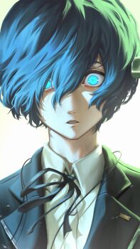 1boy black_jacket black_ribbon blue_eyes commentary glowing glowing_eyes gun_to_head hair_between_eyes hair_over_one_eye hashtag-only_commentary highres jacket kuri_forseti lapels looking_at_viewer male_focus parted_lips persona persona_3 portrait ribbon shirt short_hair simple_background solo straight-on white_background white_shirt wing_collar yuuki_makoto_(persona_3)