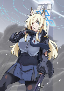 1girl absurdres animal_ear_fluff animal_ears black_gloves black_jacket black_pantyhose blonde_hair blood blood_on_clothes blood_on_face blue_archive blue_eyes blue_halo blue_necktie blue_skirt breasts building collared_shirt commentary cowboy_shot dirty dirty_clothes dog_ears dog_girl extra_ears gloves gun hair_over_one_eye halo hand_up highres holding holding_gun holding_weapon jacket kanna_(blue_archive) keru-the-green large_breasts long_hair long_sleeves looking_at_viewer necktie notched_ear outdoors pantyhose pencil_skirt police police_uniform policewoman sharp_teeth shirt skirt solo teeth torn_cloth weapon