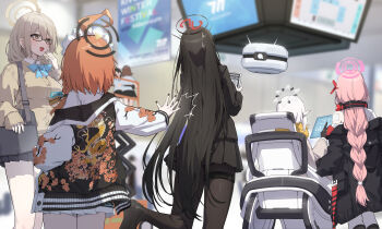 6+girls absurdres akane_(blue_archive) akane_(school_uniform)_(blue_archive) ass bandaid bandaid_on_shoulder black-framed_eyewear black_hair black_halo black_jacket black_pantyhose black_skirt blue_archive blue_bow blue_bowtie bow bowtie braid breasts brown_cardigan brown_hair brown_halo cardigan down_jacket eimi_(blue_archive) glasses hair_between_eyes halo headphones headphones_around_neck highres himari_(blue_archive) holding holding_tablet_pc jacket kokukyukeo large_breasts long_hair long_sleeves maid_headdress miniskirt multicolored_halo multiple_girls neru_(blue_archive) orange_hair pantyhose pink_hair pink_halo pleated_skirt pointy_ears powered_wheelchair red_halo rio_(blue_archive) school_uniform shirt short_hair skirt tablet_pc two-tone_halo very_long_hair wheelchair white_hair white_halo white_shirt