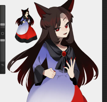 1girl 950magi618 animal_ears art_program_in_frame brooch brown_hair commentary_request double_dealing_character dress fingernails frilled_sleeves frills highres imaizumi_kagerou jewelry long_fingernails long_hair long_sleeves looking_at_viewer official_art_inset open_mouth purple_dress red_dress red_eyes red_nails reference_inset smile tail touhou very_long_hair wide_sleeves wolf_ears wolf_girl wolf_tail