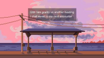 Rule 34 | bench, bus stop, cloud, cloudy sky, english text, highres, horizon, mountainous horizon, no humans, ocean, onlypixeeels, original, outdoors, park bench, pastel colors, pixel art, power lines, scenery, shadow, sky, sunset