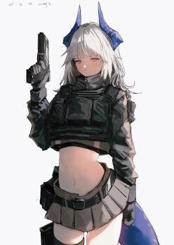 1girl absurdres alternate_costume arknights black_gloves brown_eyes brown_skirt bulletproof_vest dated dragon_girl dragon_horns dragon_tail gloves grey_hair gun hair_down handgun highres holding holding_gun holding_weapon holster horns liskarm_(arknights) long_hair looking_at_viewer midriff navel pppmepl simple_background skirt solo tail thigh_holster weapon white_background