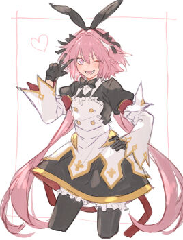 1boy absurdres astolfo_(fate) astolfo_(saber)_(fate) astolfo_(saber)_(third_ascension)_(fate) black_dress black_gloves black_hairband black_pantyhose commentary cowboy_shot dress fate/grand_order fate_(series) gloves hair_intakes hairband heart highres male_focus one_eye_closed open_mouth pantyhose pink_eyes pink_hair short_dress short_hair_with_long_locks sleeves_past_wrists smile solo tofu_(bean359) trap w