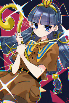 Rule 34 | 1girl, belt, belt buckle, black belt, blue eyes, blue hair, blunt bangs, blush, brown shirt, brown shorts, buckle, buttons, closed mouth, collared shirt, commentary request, cowboy shot, earrings, facial mark, gold hairband, hair ornament, hairband, highres, holding, holding scepter, jewelry, katsuragi atori, key earrings, long hair, looking to the side, mark under both eyes, michigami nareko, quad tails, scepter, shirt, short sleeves, shorts, solo, sphere hair ornament, symbol-shaped pupils, touhou, triangle, triangle-shaped pupils, triangle facial mark, twitter username, usekh collar