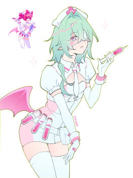 1boy 1girl absurdres anaxa_(honkai:_star_rail) artist_name bent_over closed_mouth gloves green_hair heart highres holding holding_syringe honkai:_star_rail honkai_(series) inne1069 kasane_teto kasane_teto_(utau) multicolored_eyes nurse one_eye_covered photo-referenced photo_inset pink_wings pointy_ears red_hair short_sleeves syringe thighhighs utau white_gloves white_thighhighs wings
