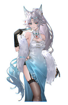1girl alternate_costume animal_ear_fluff animal_ears armpit_crease bare_shoulders bead_necklace beads black_garter_straps black_gloves black_thighhighs blue_dress blue_hair breasts chromatic_aberration cleavage covered_navel cropped_legs dress eyeliner feather_boa feixiao_(honkai:_star_rail) folded_fan folding_fan forehead_jewel fox_ears fox_girl garter_straps gloves gradient_clothes gradient_dress gradient_hair green_eyes hand_fan hand_up heavy_chromatic_aberration highres holding holding_fan honkai:_star_rail honkai_(series) jewelry lace lace-trimmed_thighhighs lace_trim large_breasts long_dress long_hair looking_at_viewer makeup multicolored_hair necklace parted_bangs parted_lips ponytail red_eyeliner rity side_slit sidelocks simple_background sleeveless sleeveless_dress smile solo thighhighs twitter_username very_long_hair white_background white_dress