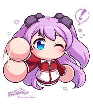 Rule 34 | !, 1girl, afterimage, blue eyes, commentary request, hair ornament, heart, highres, jacket, jikkyou powerful pro yakyuu, jikkyou powerful pro yakyuu (style), katagiri ren, long hair, multicolored jacket, no mouth, one eye closed, pants, parmesan (zan parmesanne), pom pom (clothes), pom pom hair ornament, power pro appli, purple hair, red jacket, shirt, solo, spoken exclamation mark, track jacket, twitter username, two side up, upper body, waving, white jacket, white pants, white shirt