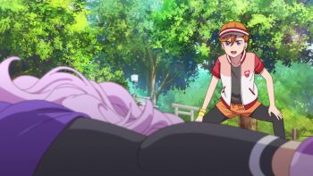 2girls animated anime_screenshot ass black_pantyhose black_shirt blue_shorts braid green_eyes highres jacket long_hair love_live! love_live!_superstar!! multiple_girls orange_hair orange_shorts pantyhose pantyhose_under_shorts pink_hair purple_shoes red_jacket shibuya_kanon shirt shoes shorts sound spread_legs tagme thighs video wide_spread_legs wien_margarete