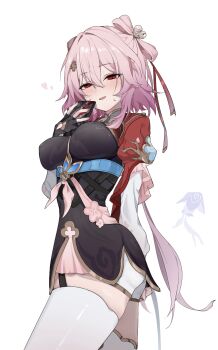 1girl bell bloomers blush breasts chinese_clothes coa_(35_seno) commentary cowboy_shot cropped_jacket evernight_(honkai:_star_rail) evey_(honkai:_star_rail) fingerless_gloves floral_print flower gloves hair_flower hair_ornament hair_ribbon highres holding holding_phone honkai:_star_rail honkai_(series) march_7th_(honkai:_star_rail) march_7th_(hunt)_(honkai:_star_rail) medium_breasts official_alternate_costume phone pink_hair red_eyes ribbon sash skindentation sweatdrop thighhighs thighs underwear white_background