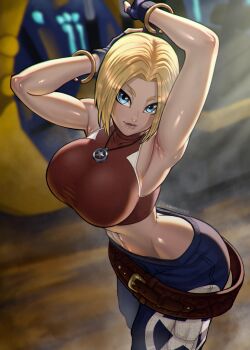 Rule 34 | 1girl, armpits, arms behind head, artist name, blonde hair, blue eyes, blue mary, breasts, curvy, denim, fatal fury, fingerless gloves, from above, gloves, highres, jeans, kawaindex, large breasts, legs, looking at viewer, midriff, navel, pants, short hair, sideboob, smile, snk, solo, the king of fighters, the king of fighters xv, thighs, toned