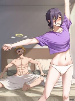 1boy 1girl aftersex bed blanket blonde_hair blush chainsaw_man crop_top denji_(chainsaw_man) exhausted green_eyes hair_bun highres matomo midriff navel one_eye_closed panties pillow purple_hair reze_(chainsaw_man) single_hair_bun stretching tongue tongue_out underwear white_panties
