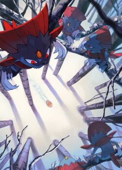 black_fur branch brown_fur claws closed_eyes coat collar crest fangs forehead_jewel forest from_above fur_coat gen_2_pokemon gen_4_pokemon group_picture hunting nature nintendo official_art pig pig_nose piglet pokemon pokemon_(creature) pokemon_tcg pokemon_tcg_pocket predator_and_prey red_eyes red_tail snow swinub tree weasel weavile