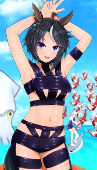 Rule 34 | :d, ahoge, animal ears, arm strap, armpits, arms up, black hair, blue eyes, blue sky, blurry, blurry background, bondage outfit, breasts, cloud, commentary request, cowboy shot, day, ear ornament, ear piercing, fuji kiseki (umamusume), gold ship (umamusume), highres, hishi miracle (umamusume), horse ears, horse girl, horse tail, hot limit, looking at viewer, m172/minatsu, medium breasts, midriff, navel, octopus, open mouth, outdoors, piercing, revealing clothes, short hair, sidelocks, skindentation, sky, smile, solo focus, standing, swept bangs, t.m.revolution, tail, umamusume, underboob, white hair