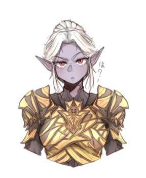 Rule 34 | 1girl, absurdres, animification, armor, baldur's gate, baldur's gate 3, colored skin, dark elf, dungeons & dragons, dungeons &amp; dragons, elf, hair bun, highres, looking at viewer, minthara, pointy ears, purple skin, red eyes, shoulder armor, solo, upper body, white background, white hair, yammisan