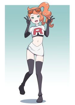 1girl :d absurdres araki_megami black_boots black_gloves boots commentary_request commission cosplay cropped_jacket double_w elbow_gloves eyelashes eyewear_on_head gloves green_background green_eyes hands_up happy highres jacket jessie_(pokemon) jessie_(pokemon)_(cosplay) logo nintendo open_mouth orange_hair pixiv_commission pokemon pokemon_(anime) pokemon_swsh side_ponytail single_sidelock skirt smile solo sonia_(pokemon) standing standing_on_one_leg stomach sunglasses team_rocket team_rocket_uniform thigh_boots tongue w white_jacket white_skirt