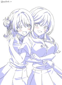 2girls :d ashigaya_high_school_uniform blush breasts collared_shirt dress_shirt fang hair_bun hair_ribbon highres hug hug_from_behind kaneko_misaki koyanagi_kaho large_breasts lineart long_hair monochrome multiple_girls neck_ribbon open_mouth pleated_skirt ribbon school_uniform scrunchie sena_ajisai shirt short_sleeves signature skin_fang skirt smile twitter_username watashi_ga_koibito_ni_nareru_wake_naijan_murimuri! wrist_scrunchie