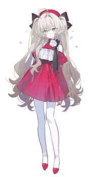 1girl :< ahoge arms_behind_back beret closed_mouth commentary cross-shaped_pupils dress flower full_body grey_eyes grey_hair hair_intakes hat high_heels highres light_frown long_hair original pantyhose red_dress red_hat red_shoes rose shoes sidelocks simple_background solo standing stemiomio symbol-shaped_pupils tachi-e very_long_hair white_background white_flower white_pantyhose white_rose