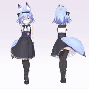 1girl 3d absurdres animal_ear_fluff animal_ears armadillon ass black_thighhighs blue_hair blush dress female_focus fox_ears fox_girl fox_tail full_body hair_between_eyes hairband highres looking_at_viewer mary_janes neck_ribbon original profile ribbon shoes short_hair skindentation sleeveless sleeveless_dress smile solo standing tail thighhighs thighs vrchat wind wind_lift yellow_eyes yuuko-zoku_no_onee-chan zettai_ryouiki