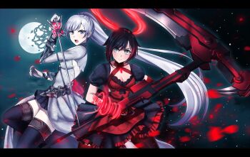 2girls adapted_costume alice_(sinoalice) alice_(sinoalice)_(cosplay) ateliae black_dress black_hair black_pantyhose black_skirt black_thighhighs breasts cleavage collarbone cosplay cosplay_request crescent_rose dress floating_hair frilled_dress frills gloves gradient_hair grey_eyes highres holding holding_scythe holding_sword holding_weapon long_hair medium_breasts miniskirt moon multicolored_hair multiple_girls myrtenaster open_mouth pantyhose petals pleated_skirt ponytail red_hair rose_petals ruby_rose rwby scar scar_across_eye scar_on_face scythe short_hair short_sleeves sideboob sinoalice skirt small_breasts standing sword thighhighs very_long_hair waist_cape weapon weiss_schnee white_gloves white_hair