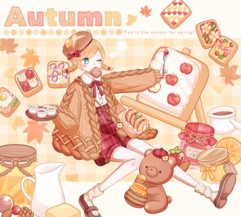 1girl apple aqua_eyes ari_(oonmnmooo) artist_name autumn bag bear beret blonde_hair blueberry braid bread bread_slice brown_cardigan brown_hat brown_shoes butter cardigan charm_(object) commentary english_text food food-themed_bag food_in_mouth fried_egg fruit full_body hair_bobbles hair_ornament hat highres holding holding_spoon honey honeypot jam jar leaf maple_leaf neck_ribbon one_eye_closed open_cardigan open_clothes orange_(fruit) orange_slice original pinecone pitcher_(container) plaid_clothes plaid_shorts red_hat red_ribbon ribbon shirt shoes shorts shoulder_bag socks solo spoon strawberry striped_clothes striped_socks symbol-only_commentary toast twin_braids white_shirt white_socks