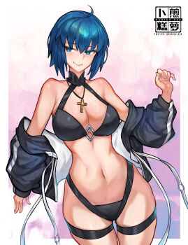 1girl absurdres bare_shoulders bikini bikini_under_clothes black_bikini black_jacket blue_eyes blue_hair blush breasts c.i.e.l_(fate) mysterious_executor_c.i.e.l_(fate) ciel_(swimsuit_mooncancer)_(fate) ciel_(tsukihime) cleavage cross cross_necklace fate/grand_order fate_(series) highres jacket jewelry large_breasts long_sleeves looking_to_the_side navel necklace off_shoulder open_clothes open_jacket radishkek short_hair smile solo swimsuit thigh_strap thighs tsukihime