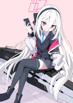 Rule 34 | 1girl, absurdres, black bow, black hairband, black shoes, black skirt, black vest, blue archive, blue necktie, bow, collared shirt, double-parted bangs, hair between eyes, hairband, halo, highres, jacket, kei (blue archive), kei (new body) (blue archive), light blush, long hair, long hair between eyes, looking at viewer, necktie, open clothes, open jacket, pink halo, pleated skirt, rectangular halo, red eyes, ringed eyes, shirt, shoes, sitting, skirt, solo, thomason366, very long hair, vest, white hair, white jacket, white shirt