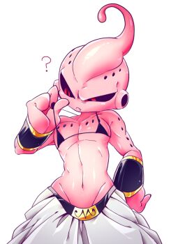 1boy ? antennae black_bra black_bracer black_nails black_sclera bra bra_pull bra_strap bracer closed_mouth clothes_pull collarbone colored_extremities colored_sclera colored_skin commentary confused dragon_ball dragonball_z fang fang_out gold_buckle gold_trim hand_on_own_hip hole_on_body kid_buu looking_down majin_buu male_focus navel no_eyebrows pants pectorals pelvis pink_skin red_eyes shiny_skin shirtless_male simple_background solo strap_pull topless_male transparent_background trap underwear upper_body white_pants