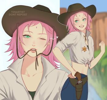 1girl alternate_costume alternate_universe artist_name belt blurry blurry_background breasts commentary cowboy_hat cowboy_shot cowboy_western cowgirl_(western) denim english_commentary eyelashes facial_mark forehead_mark from_side green_eyes grin gunbelt hand_on_own_hip haruno_sakura hat heart highres jeans looking_at_viewer looking_to_the_side medium_hair messy_hair midriff mouth_hold multiple_views naruto_(series) one_eye_closed outline pants parted_bangs pink_hair sheriff_badge shirt sleeves_rolled_up small_breasts smile tenartistt tied_shirt upper_body white_outline white_shirt