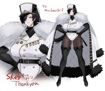 1girl absurdres azur_lane black_hair boots breasts coat commander_(azur_lane) commission emblem female_commander_(azur_lane) fur-trimmed_coat fur-trimmed_jacket fur_trim green_eyes hair_between_eyes hair_over_one_eye hands_on_own_hips hat highres huge_breasts ichimonme_(ichi) insignia jacket jacket_on_shoulders looking_at_viewer military military_hat military_jacket military_uniform northern_parliament_(emblem) pantyhose ponytail reference_sheet skeb_commission thick_thighs thigh_boots thighs valentina_(nuclear-il2) wide_hips