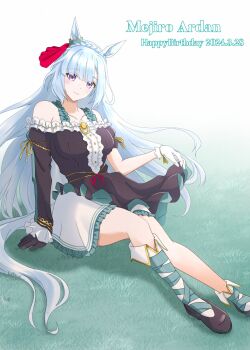 1girl animal_ears asymmetrical_footwear asymmetrical_gloves asymmetrical_legwear asymmetrical_sleeves bare_shoulders black_dress black_gloves blue_hair blush bow braid breasts center_frills closed_mouth collarbone crown_braid dress ear_ornament ear_ribbon frills gloves highres horse_ears horse_girl horse_tail long_hair looking_at_viewer medium_breasts mejiro_ardan_(clinochlore_line)_(umamusume) mejiro_ardan_(umamusume) mismatched_gloves off-shoulder_dress off_shoulder purple_eyes shirt sitting smile socks solo tail take20131004 umamusume uneven_sleeves white_gloves white_socks