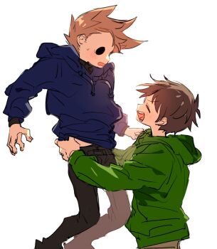 Rule 34 | 2boys, animification, bad id, bad twitter id, black pants, blue hoodie, blush, brown hair, carrying, carrying person, closed eyes, commentary request, edd (eddsworld), eddsworld, from side, green hoodie, hollow eyes, hood, hood down, hoodie, inactive account, long sleeves, male focus, multiple boys, nana (ebitokanimiso), painttool sai (medium), pants, short hair, simple background, sketch, smile, surprised, tom (eddsworld), white background, yaoi