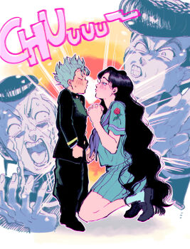 1girl 3boys black_hair blush clenched_teeth crying diamond_wa_kudakenai closed_eyes gakuran grey_hair own_hands_clasped heart higashikata_josuke highres hirose_koichi imminent_kiss jojo_no_kimyou_na_bouken kneeling long_hair looking_at_another multiple_boys nijimura_okuyasu oniyama831 own_hands_together pompadour projected_inset puckered_lips school_uniform serafuku spiked_hair streaming_tears tears teeth yamagishi_yukako