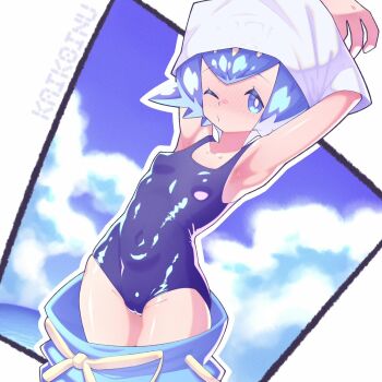 Rule 34 | 1girl, armpits, blue eyes, blue hair, blue one-piece swimsuit, blue pants, blush, breasts, cameltoe, closed mouth, covered navel, from side, highres, kaikoinu, lana (pokemon), looking at viewer, nintendo, ocean, one-piece swimsuit, one eye closed, pants, pokemon, pokemon sm, school swimsuit, shirt, short hair, small breasts, solo, swimsuit, tagme, undressing, white shirt