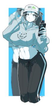 1girl abs baseball_cap black_pants blue_eyes blush breasts cellphone colored_skin crop_top crop_top_overhang cropped_hoodie cropped_legs cropped_shirt drawstring grey_hoodie hat holding holding_phone hood hood_down hoodie large_breasts long_hair long_sleeves looking_at_viewer midriff muscular muscular_female navel nintendo ohmura_denki pants phone ponytail smartphone solo sweatpants toned track_pants white_skin wii_fit wii_fit_trainer wii_fit_trainer_(female) zoom_layer