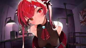 1girl absurdres ascot bare_shoulders bent_over blush breasts cleavage closed_mouth computer heterochromia highres hololive houshou_marine indoors lamp long_hair looking_at_viewer medium_breasts pomesaurus red_ascot red_eyes red_hair screen see-through_clothes see-through_cleavage solo twintails virtual_youtuber yellow_eyes