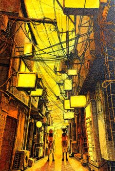 2girls absurdres alley arms_at_sides arms_behind_back building colorful commentary_request from_behind highres ibsukionsen multiple_girls original outdoors power_lines scenery school_uniform serafuku standing traditional_media urban utility_pole warm_colored wide_shot