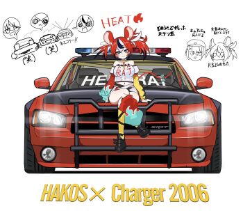 12101240 1girl animal_ear_fluff animal_ears arm_support asymmetrical_sleeves black_gloves black_hair black_shoes black_streaks blue_eyes blush_stickers bow breasts car cheese choker commentary crossed_legs detached_sleeves dice dice_hair_ornament dodge_charger doodle_inset double-parted_bangs english_text food gloves hair_between_eyes hair_ornament hakos_baelz hakos_baelz_(1st_costume) headlight_beam highres hololive hololive_english key light_smile looking_at_viewer medium_breasts midriff motor_vehicle mouse_ears mouse_tail multicolored_hair multicolored_skirt navel on_car police_car red_car red_hair rollcage see-through_silhouette shoes single_glove sitting skirt smile spiked_choker spikes tail tail_bow tail_ornament thighs twintails uneven_twintails virtual_youtuber white_background white_hair