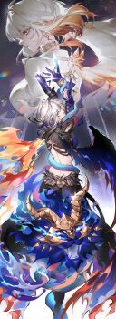 1girl absurdres back black_jacket blue_bra bra breasts chimera_(wuthering_waves) colored_inner_hair commentary cropped_jacket earrings enkiou galbrena_(wuthering_waves) gold_choker hashtag-only_commentary highres jacket jewelry median_furrow medium_breasts medium_hair multicolored_hair multiple_views official_alternate_color purple_eyes tacet_discord_(wuthering_waves) tacet_mark_(wuthering_waves) underwear white_hair white_jacket wuthering_waves yellow_eyes