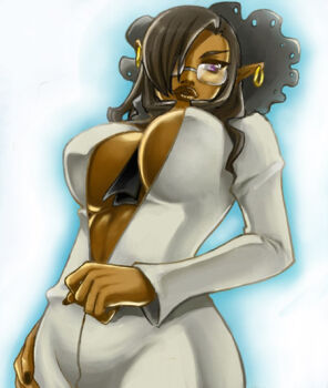 00s 1girl black_hair breasts business_suit capcom cleavage dark-skinned_female dark_skin earrings female_focus fingernails formal_clothes glasses hair_over_one_eye jewelry kinniku_otoko large_breasts necktie pointy_ears purple_eyes solo sprocket_(viewtiful_joe) suit underboob unzipping viewtiful_joe