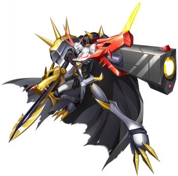 1boy aiming android arm_blade arm_cannon armor bandai black_cape blue_eyes cape digimon digimon_(creature) digimon_new_century full_armor full_body horns looking_at_viewer mecha official_art omegamon_alter-s robot sword transparent_background weapon
