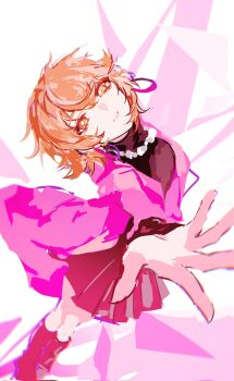 1girl black_boots black_shirt black_skirt boots breasts brown_eyes brown_hair cardigan commentary_request earrings highres hoop_earrings jewelry long_sleeves looking_at_viewer medium_breasts messy_hair miniskirt necklace open_cardigan open_clothes open_hand outstretched_hand parted_lips pearl_necklace persona persona_3 persona_3_reload pink_cardigan pleated_skirt shirt short_hair skirt solo standing surielye takeba_yukari turtleneck turtleneck_shirt