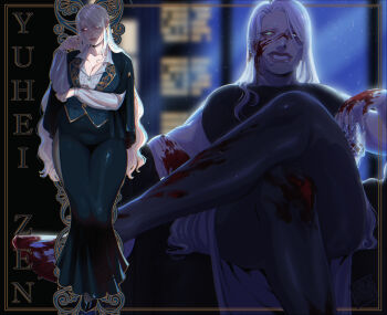 1girl absurdres blackberreh-art blood breasts cleavage grin highres large_breasts lips long_hair mature_female original pale_skin sitting skirt smile the_magnus_archives wavy_hair white_hair yuhei_zen