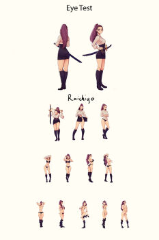 1girl artist_name ass bare_arms bare_back black_bra black_panties boots bra breasts brown_eyes censored commentary facial_mark fire_emblem fire_emblem:_three_houses from_behind full_body garreg_mach_monastery_uniform high_heels high_ponytail highres lifting_own_clothes long_sleeves medium_breasts mosaic_censoring multiple_views naked_boots navel nintendo nude panties petra_macneary ponytail purple_hair raichiyo33 shirt size_difference skirt solo stomach sword thighs underwear undressing vision_test weapon white_background