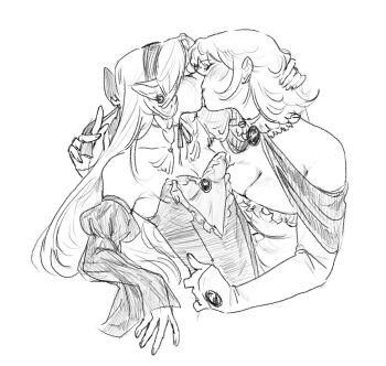 2girls bare_shoulders blush bow breasts cleavage closed_eyes commentary dress dungeon_meshi elbow_gloves elf falin_touden gloves greyscale hair_bow hashtag-only_commentary highres kiss large_breasts long_hair marcille_donato medium_hair monochrome multiple_girls off-shoulder_dress off_shoulder pointy_ears stickymaelk yuri