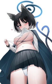 1girl absurdres animal_ear_fluff animal_ears aroused biting biting_clothes black_eyes black_hair black_nails black_skirt blue_archive blue_halo blue_ribbon blush breasts breasts_squeezed_together bright_pupils cat_ears cat_girl cat_tail clothes_in_mouth clothes_lift commentary cowboy_shot deep_skin eyelashes foreshortening from_below halo hand_up heart highres holding holding_ribbon kikyou_(blue_archive) large_breasts lifting_own_clothes long_sleeves looking_at_viewer looking_down lunar_(pixiv53683306) miniskirt mouth_hold multiple_tails nail_polish navel no_bra panties pleated_skirt revealing_clothes ribbon bad_tag shirt shirt_in_mouth shirt_lift short_hair shy skindentation skirt solo straight_hair tail tail_raised tsurime two_tails underboob underwear white_background white_panties white_pupils white_shirt