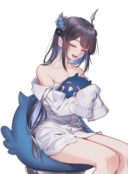1girl bare_shoulders black_hair blue_hair breasts cleavage closed_eyes cowboy_shot curry_bowl highres hololive hololive_english jailbird_(nerissa_ravencroft) large_breasts mole mole_under_eye multicolored_hair nerissa_ravencroft off_shoulder shirt simple_background sitting sleeves_past_wrists solo two-tone_hair virtual_youtuber white_background white_shirt