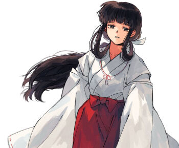 1girl arms_at_sides black_eyes black_hair blunt_bangs breasts cowboy_shot inuyasha japanese_clothes kariginu kikyou_(inuyasha) long_hair long_skirt long_sleeves looking_ahead matchi_(ginger.8) miko motoyui parted_lips ponytail red_skirt ribbon-trimmed_sleeves ribbon_trim shirt sidelocks_tied_back simple_background skirt small_breasts solo very_long_hair white_background white_shirt wide_sleeves wind