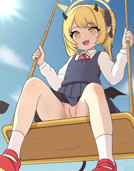 1girl absurdres blonde_hair blue_archive cleft_of_venus female_focus halo highres horns ibuki_(blue_archive) loli looking_at_viewer from_below no_panties open_mouth outdoors pussy school_uniform shoes skirt sky socks solo sugar_sweet swing twintails uncensored upskirt wings yellow_eyes