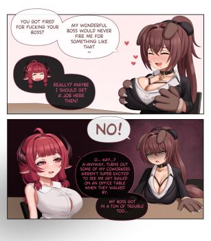 2girls ahoge angry animal_ears black_collar black_shirt borrowed_character breasts brown_hair cleavage closed_eyes collar collared_shirt comic dog-chan_(enarane) dog_ears dog_girl english_text fang gloves goat-chan_(enarane) grabbing_own_breast green_eyes happy heart large_breasts long_hair mole mole_under_eye multiple_girls oeffe_(oeffe_blank) office_lady open_mouth original paw_gloves ponytail red_eyes red_hair shaded_face shirt shortstack skin_fang smile speech_bubble thick_thighs thighs twintails white_shirt